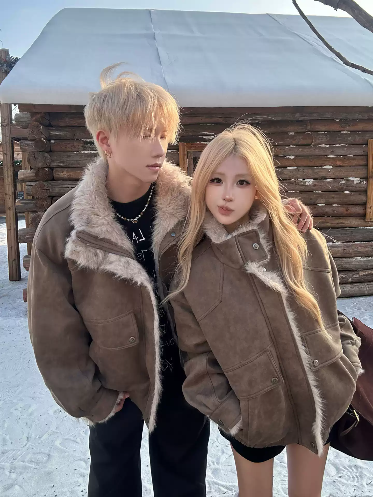 皮毛一体美拉德机车外套女加厚秋冬情侣装美式复古飞行员夹克棉服