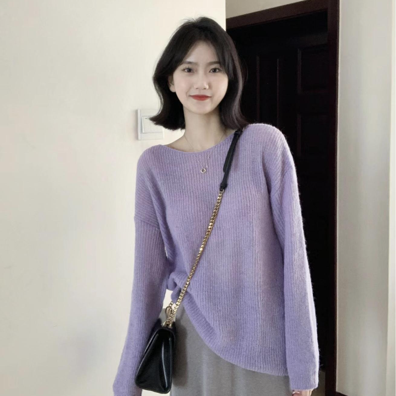 2025春秋香芋淡紫色毛衣薄款宽松慵懒风绝美针织衫高级感套头上衣