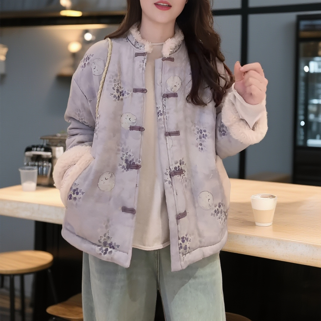 2025冬季中国风时尚加厚棉衣潮立领复古保暖通勤减龄单排扣棉服女