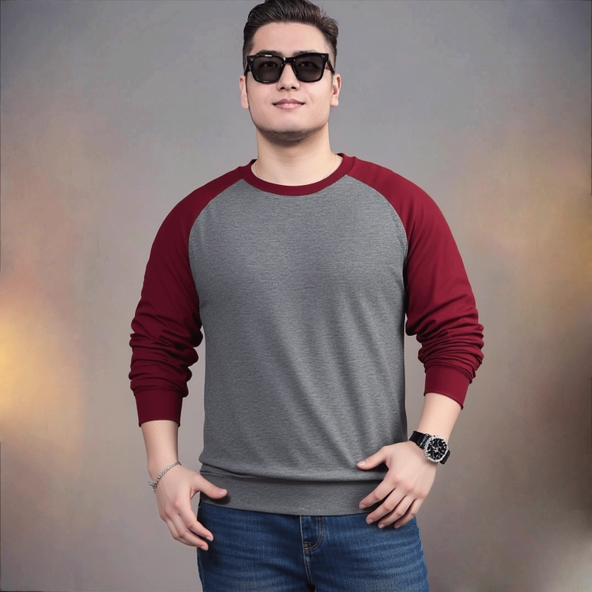 男士春秋套头卫衣男青少年圆领卫衣加肥加大宽松拼色插肩长袖T恤