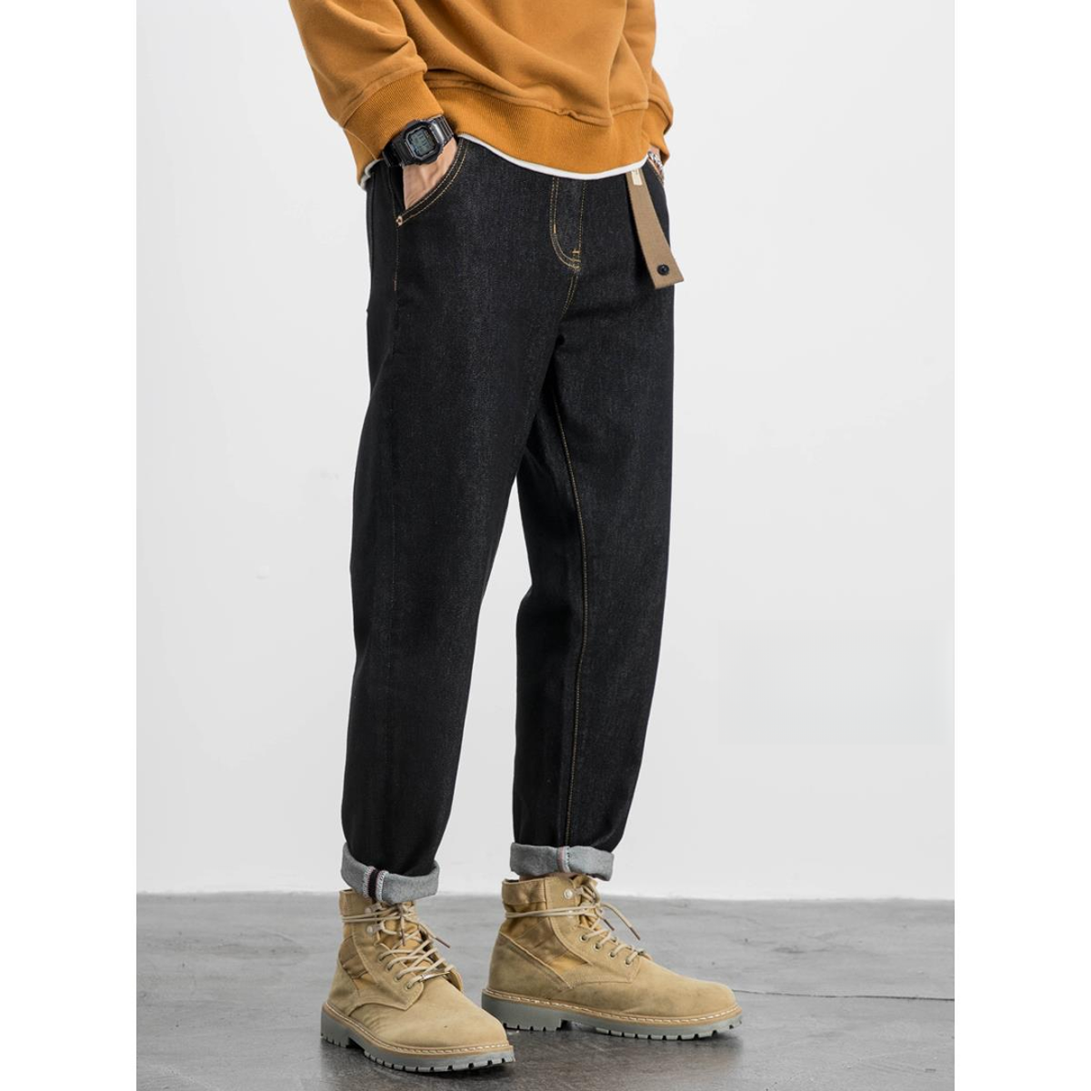 灏吉弧黑色长裤男士宽松直筒水洗牛仔裤男松紧带锥形休闲大码秋季