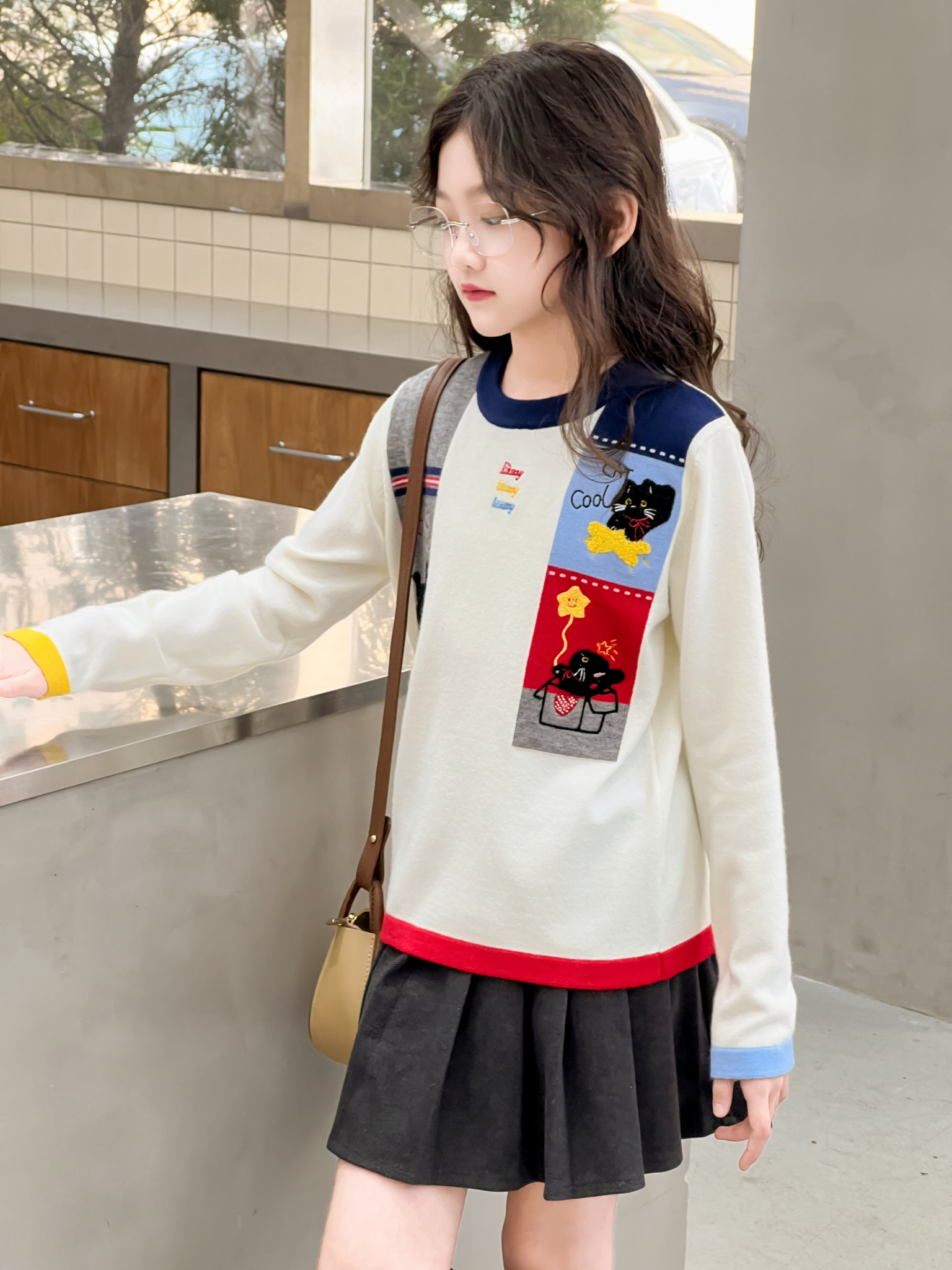 女童套头针织衫中大童洋气圆领假两件毛衣儿童长袖时尚打底针织衫