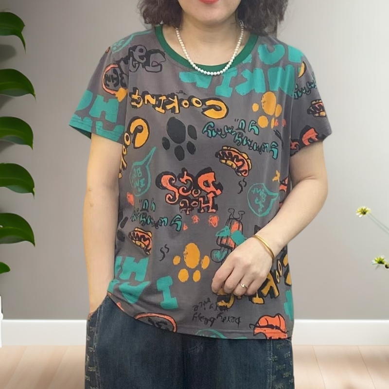 JIAXIN/珈辛宽松圆领花色短袖女款半袖t恤妈妈装洋气运动舒适