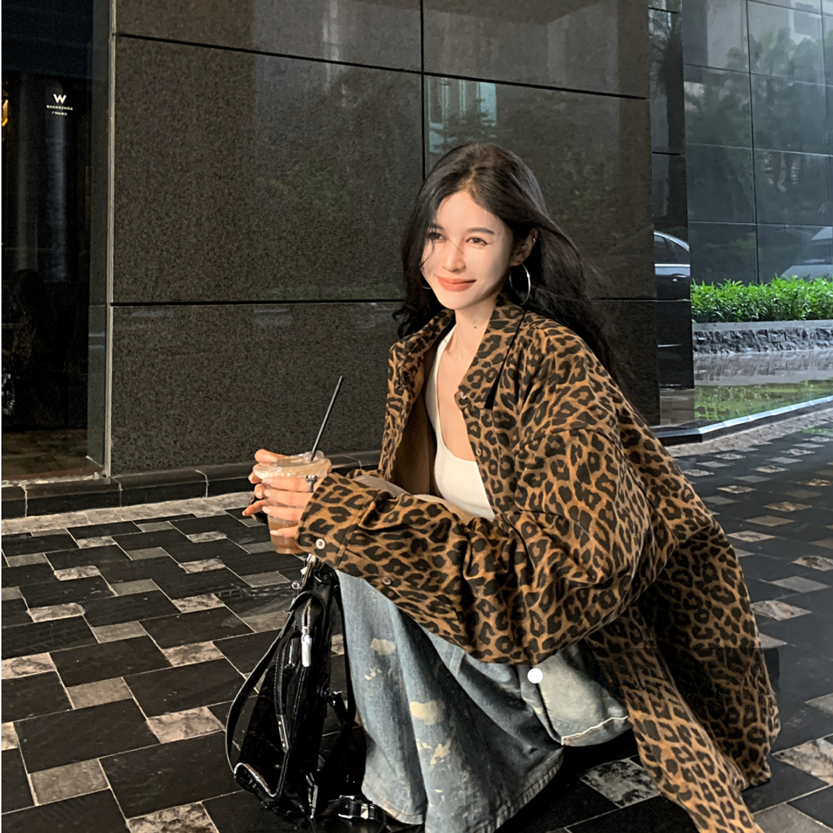 美式豹纹Polo领衬衫上衣女慵懒风宽松气质中长款衬衣外套潮1007#