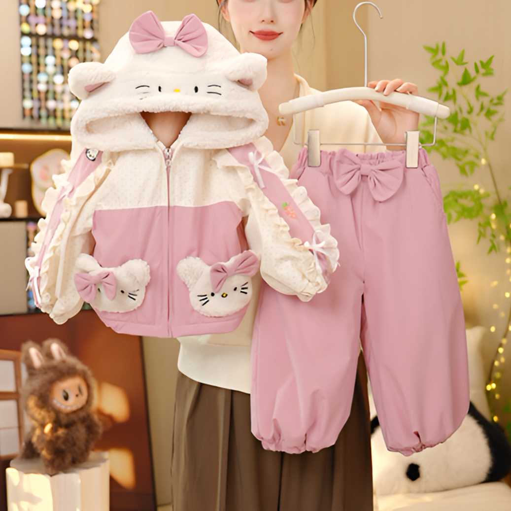 女童加绒夹棉加厚波点拼色棉服套装2025新款洋气女孩时髦两件套潮