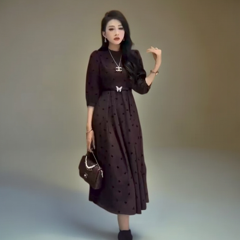24188气质秋季秋冬碎花连衣裙显瘦法式收腰做旧立领长款女装拉链