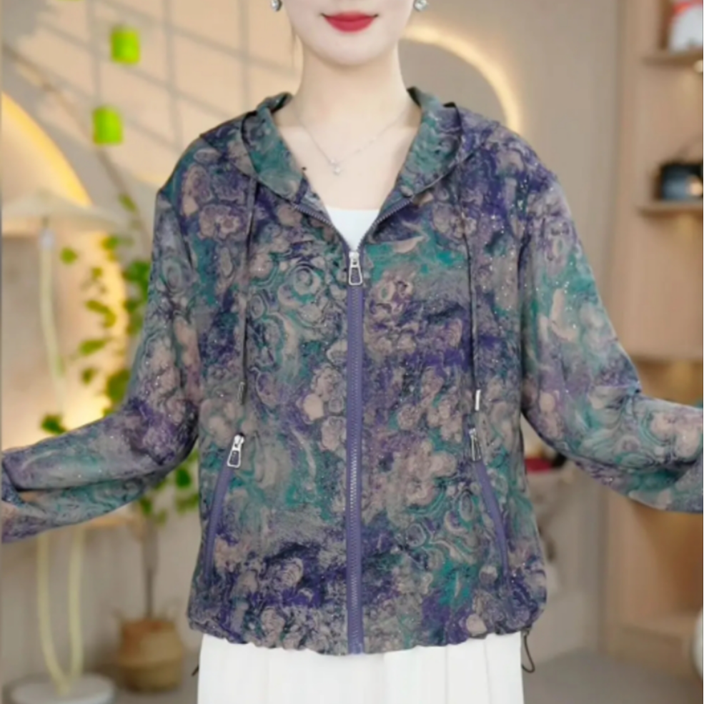 2025夏季新款时尚妈妈薄款休闲连帽防晒衣高档潮流简约拼接拉链衫