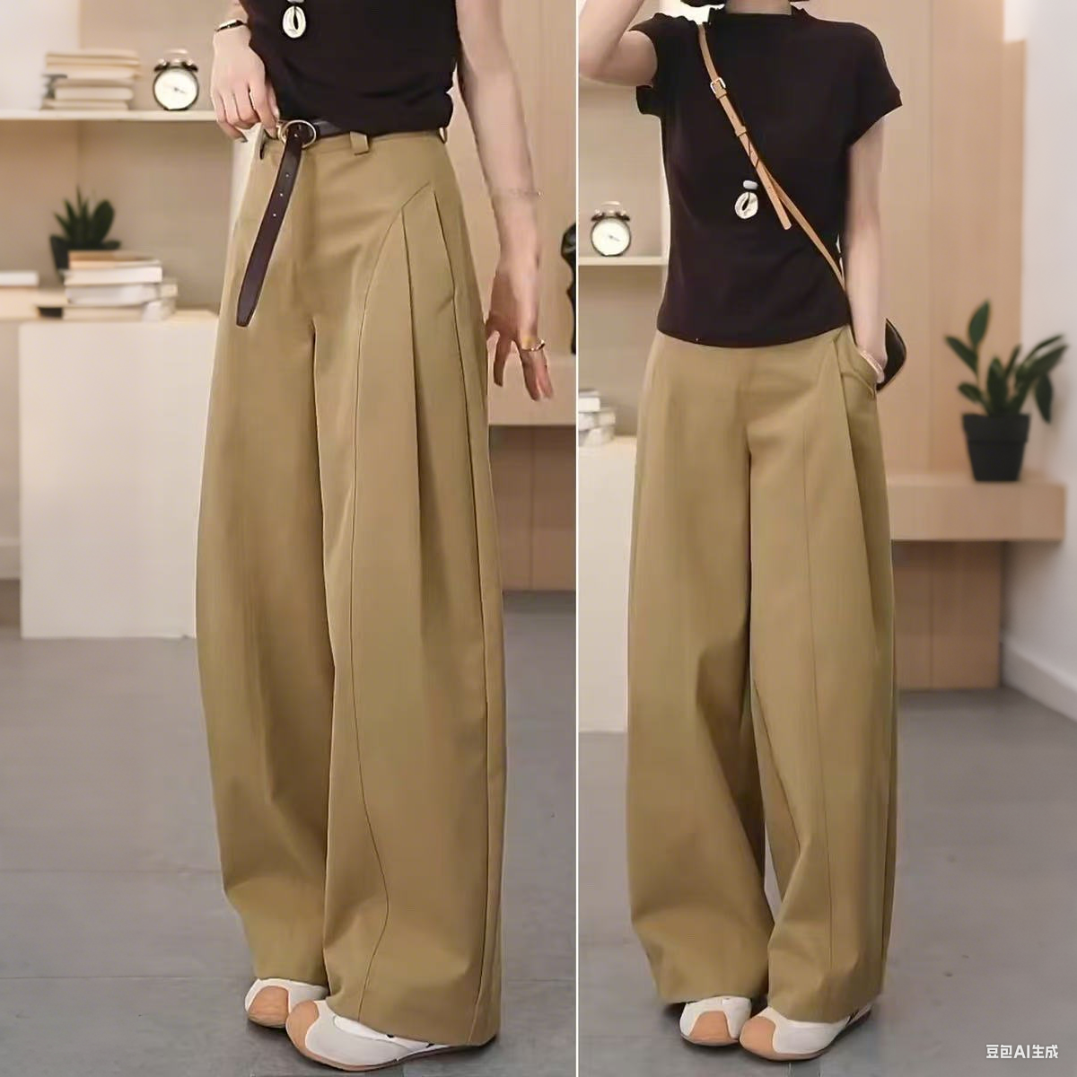 贝斯卡其色阔腿裤女秋季2025新款显瘦贝斯裤弯刀裤休闲西装直筒裤