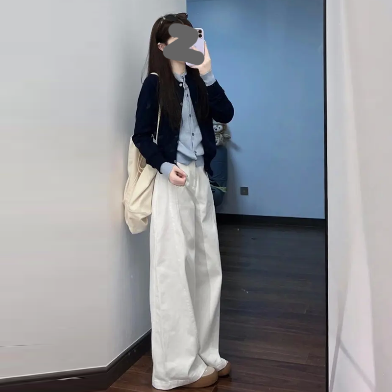 微风午后】秋装一整套女假两件撞色长袖针织开衫直筒阔腿裤两件套