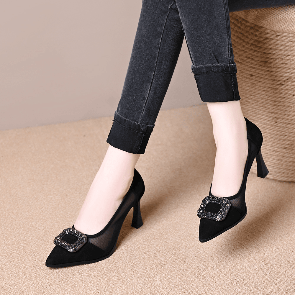 【小潘严选女鞋】水钻黑色高跟鞋女2025新款春细跟气质尖头单鞋1810