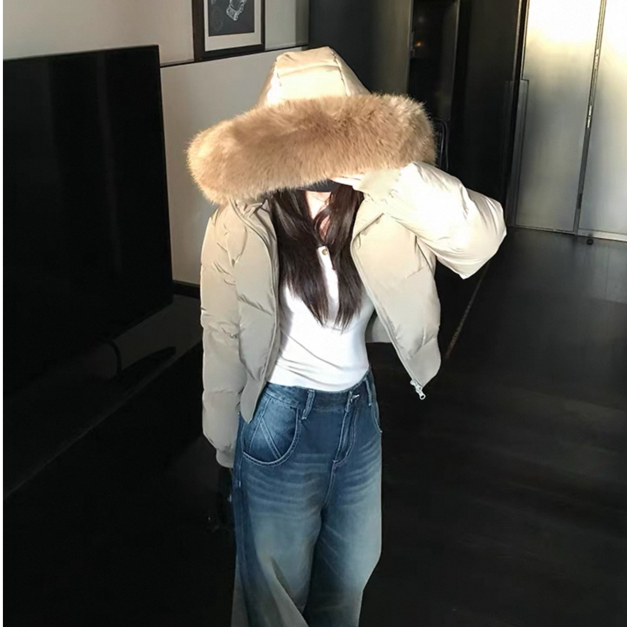 【运补6米】美式复古冬季2025毛领连帽棉服收腰加厚保暖短款外套