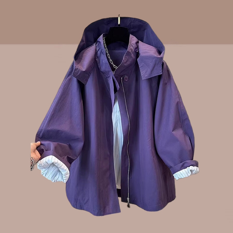 2-300斤胖mm高级感宽松显瘦气质风衣外套女春秋款户外连帽冲锋衣