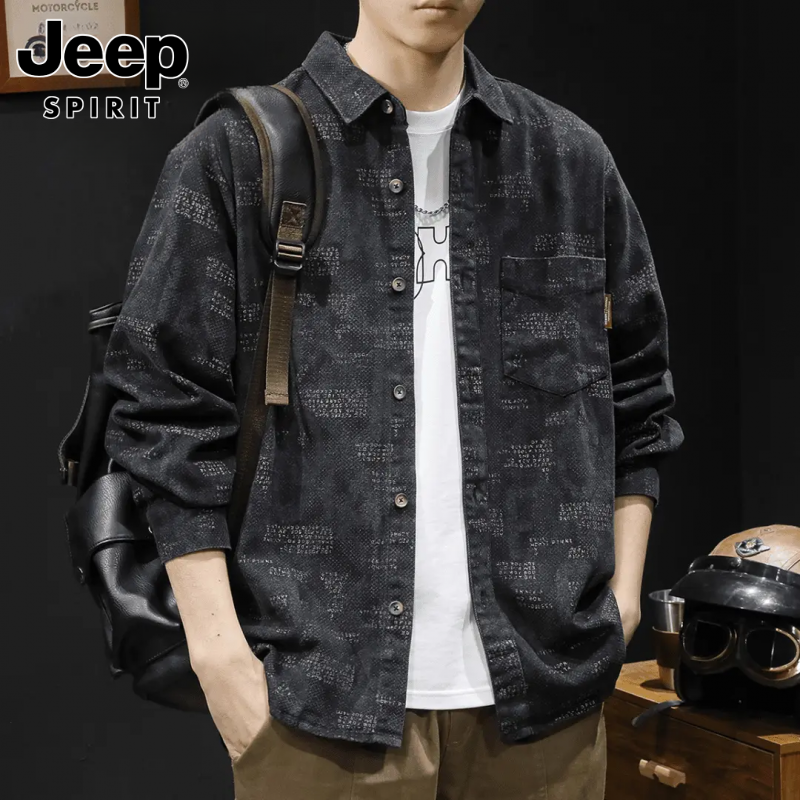 jeep吉普2025新款日系宽松纯色长袖春秋青年休闲衬衣百搭外套棉质