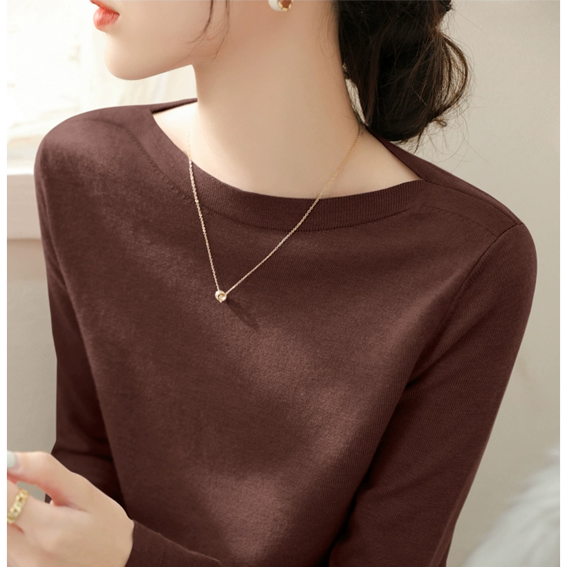 时尚法式简约套头修身打底长袖女装秋季一字领新款百搭上衣针织衫