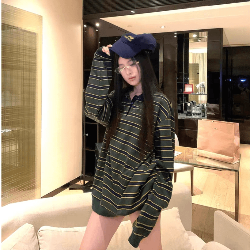 韩系复古条纹针织衫圆领撞色宽松显瘦慵懒休闲长袖上衣女秋季新款