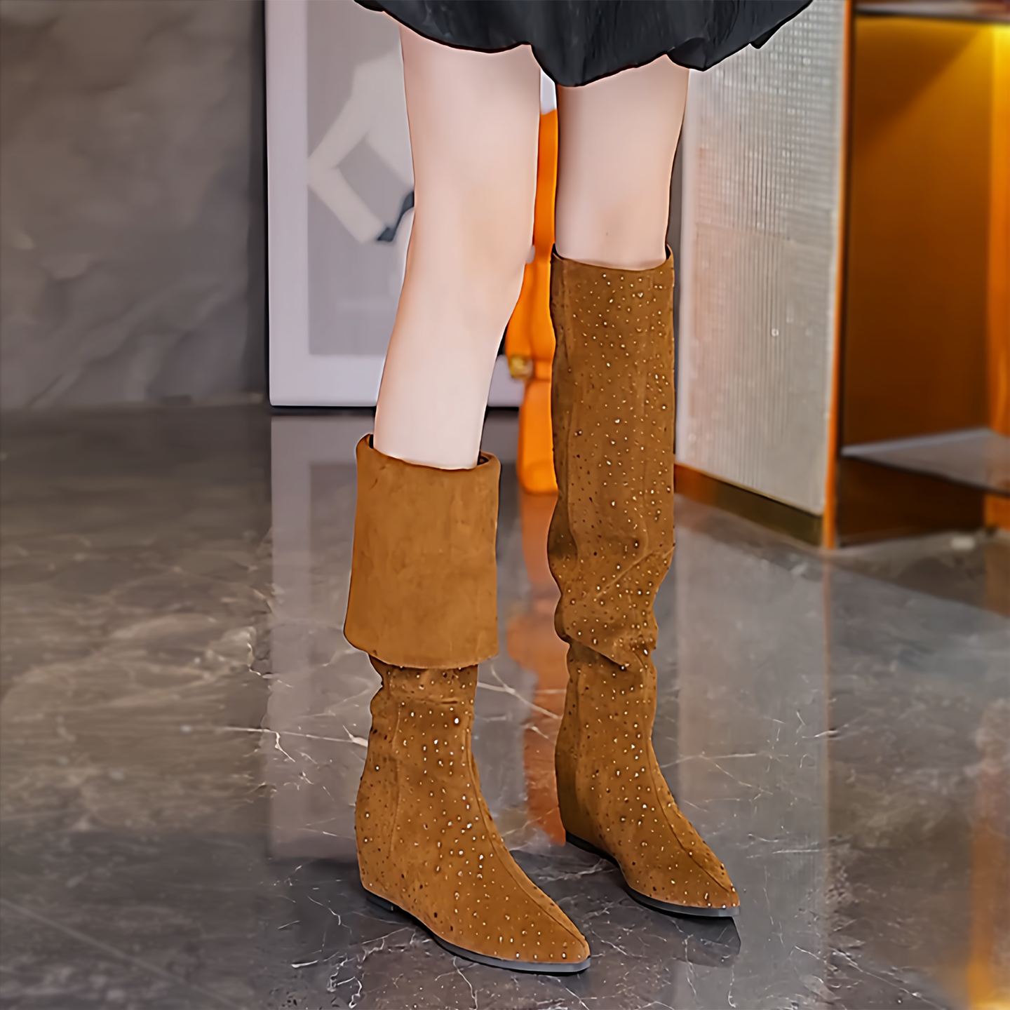 5cm两穿内增高过膝靴女秋冬季尖头堆堆靴水钻加绒时尚百搭高筒靴