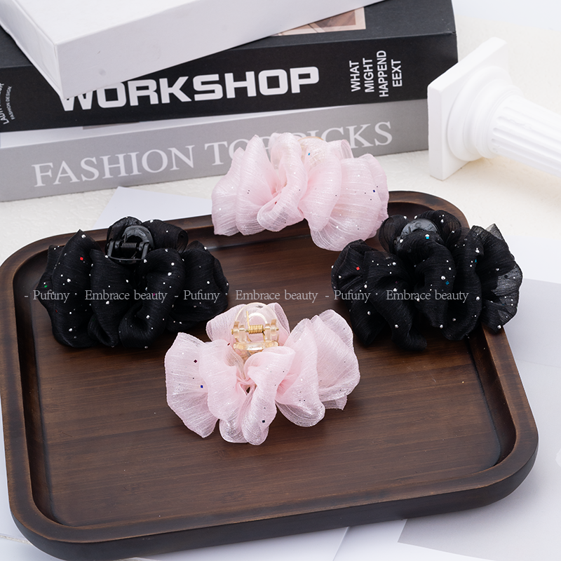 2025新款洒金波点泡泡抓夹女网纱发夹7cm后脑勺高级感发夹