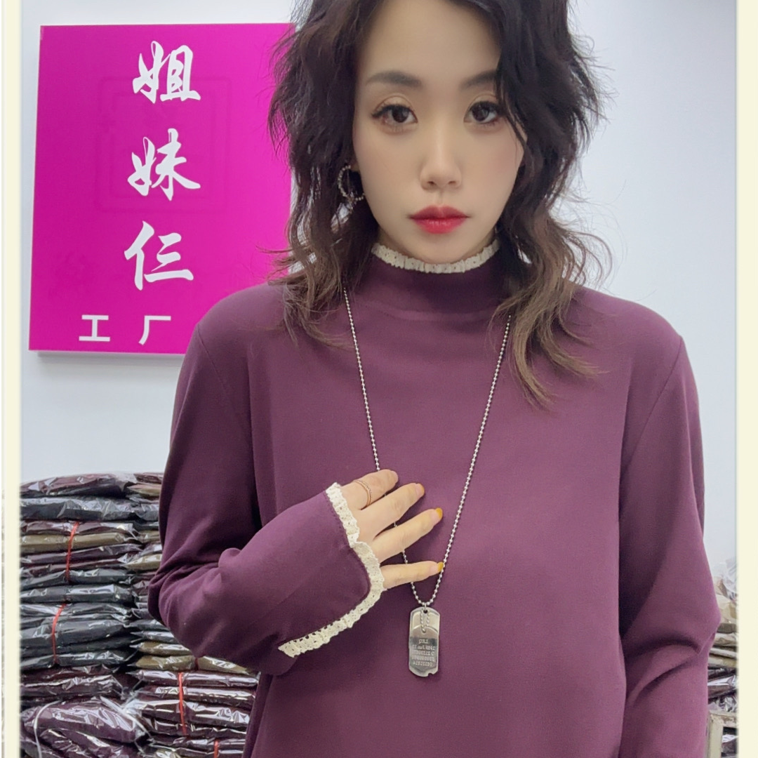 2025年冬季双面绒花边点缀低领打底衫保暖百搭8811