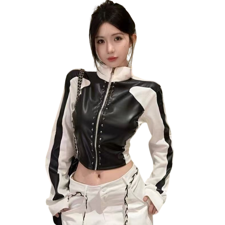 美式pu皮拼接长袖酷飒辣妹短款上衣高级感拉链开衫外套
