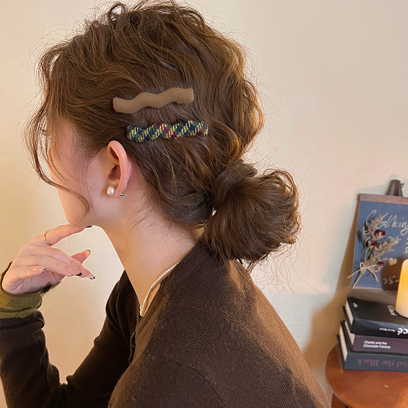复古毛呢格纹波浪发夹碎发刘海夹高端百搭侧边夹2026新款秋冬发饰