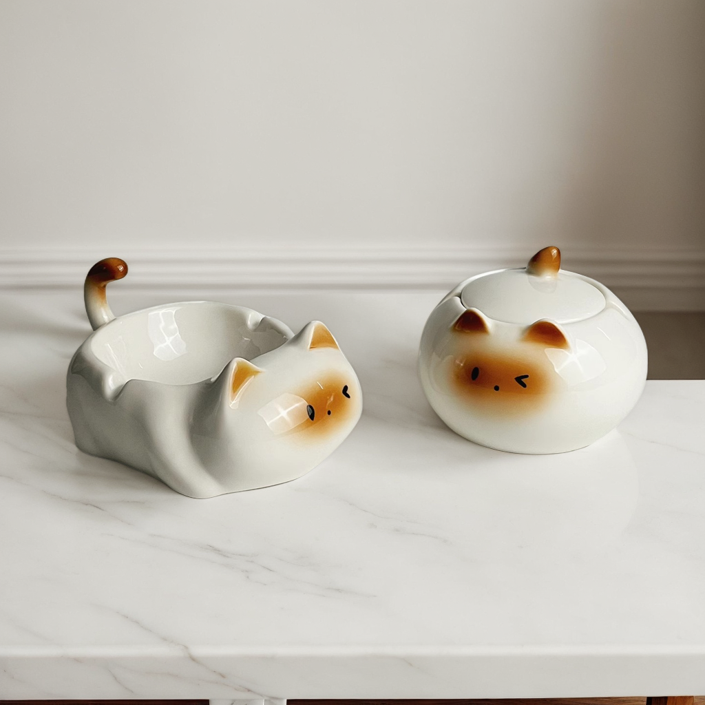 创意可爱暹罗猫陶瓷烟灰缸客厅办公室桌面防飞灰带盖烟缸装饰摆件