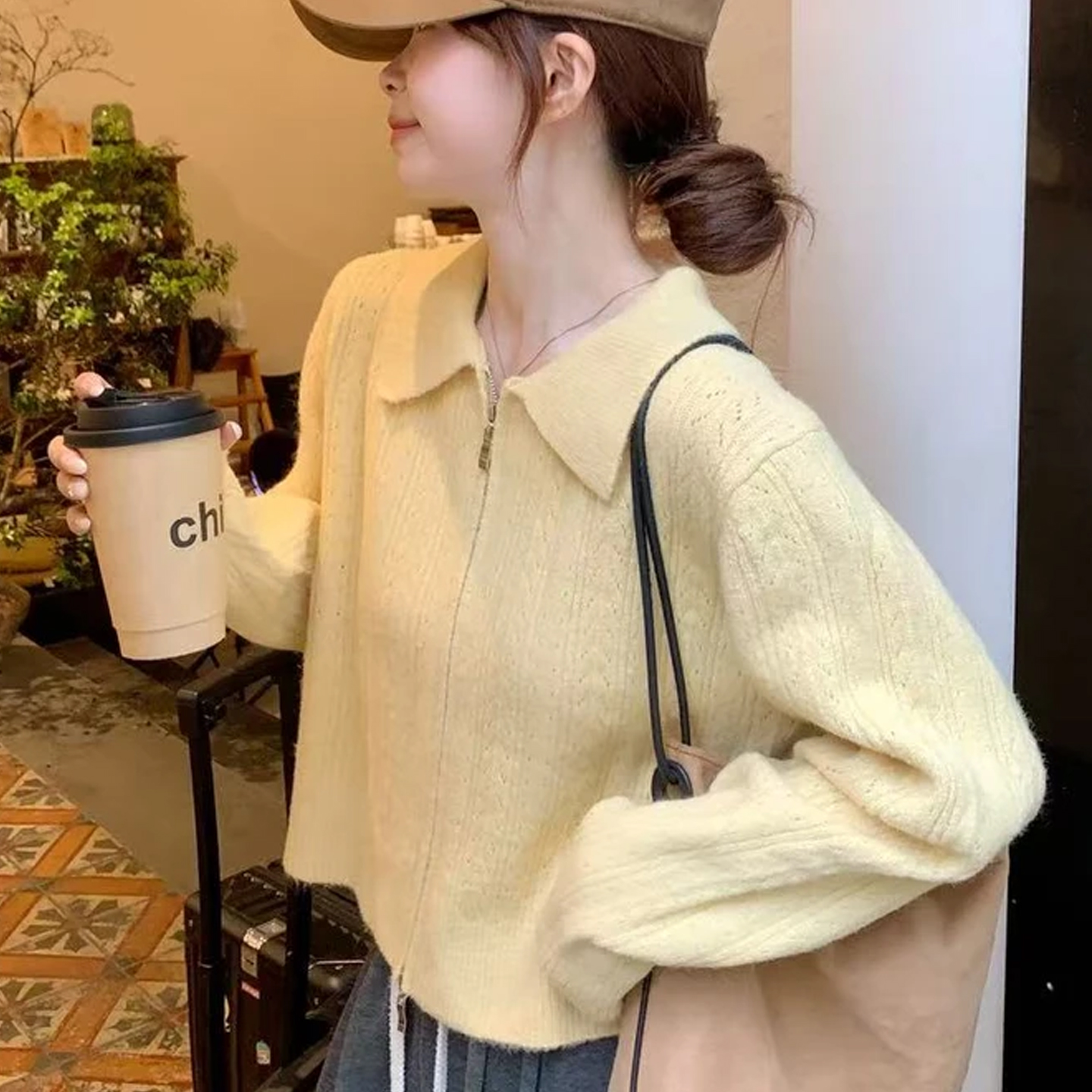法式黄色翻领长袖毛衣外套女2025早秋新款双拉链设计针织开衫上衣