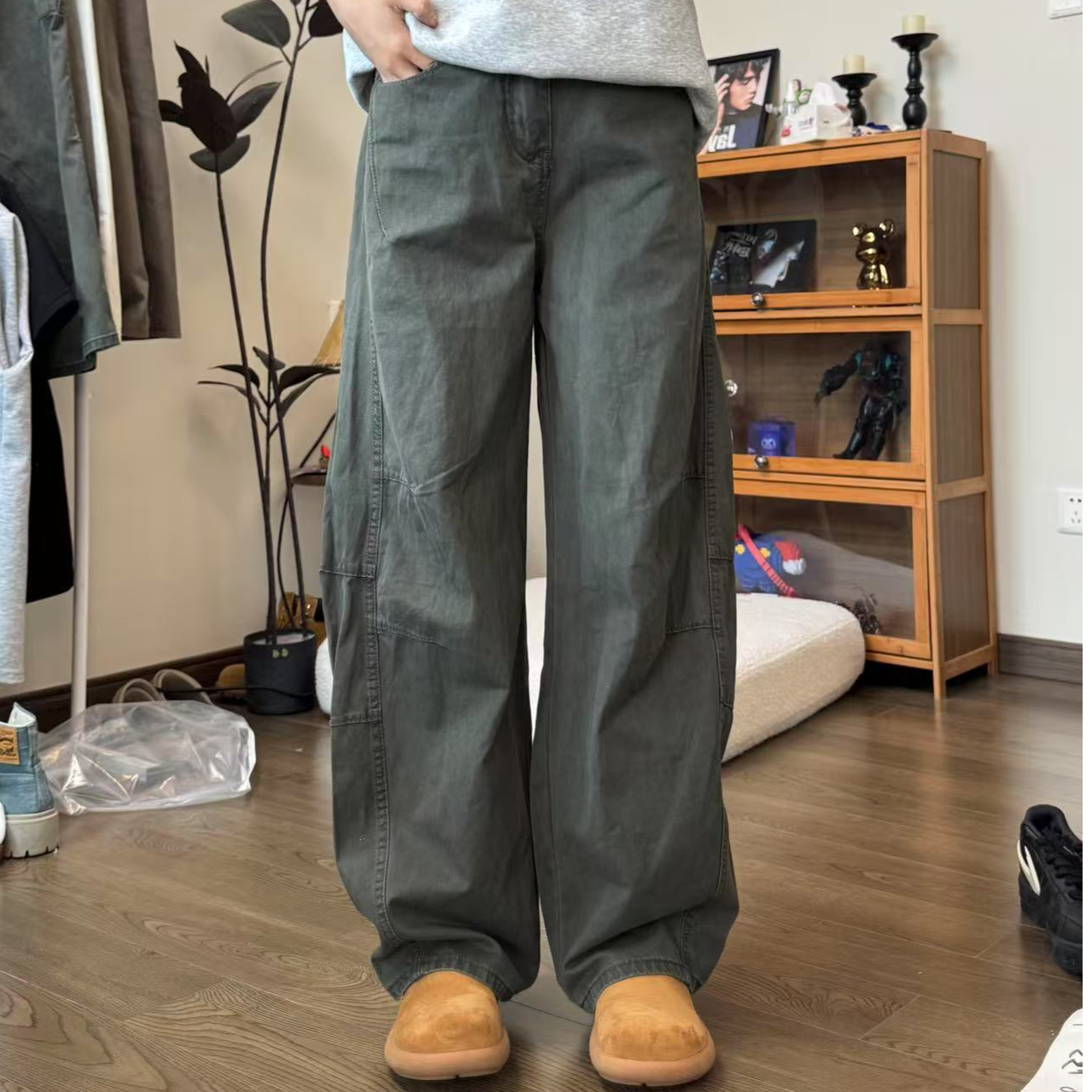 春夏美式复古洗褪baggy阔腿工装裤男女宽松直筒弯刀裤拖地长裤子