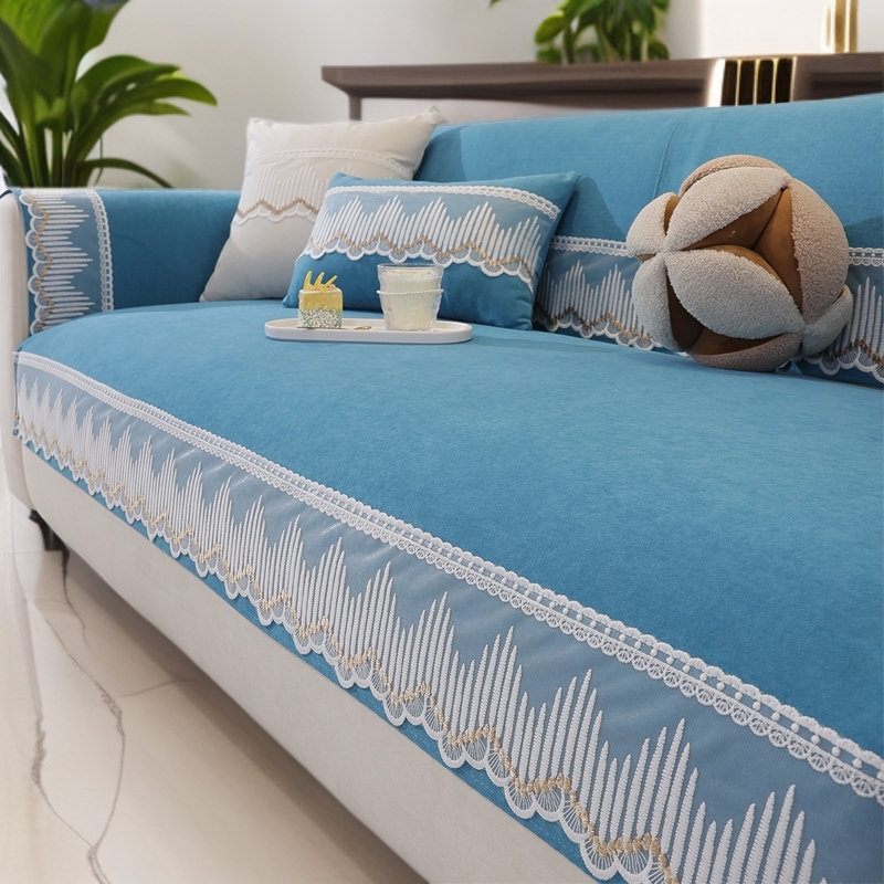 条纹沙发垫四季通用沙发套罩全包防滑坐垫夏冬直排靠背盖布孔雀蓝
