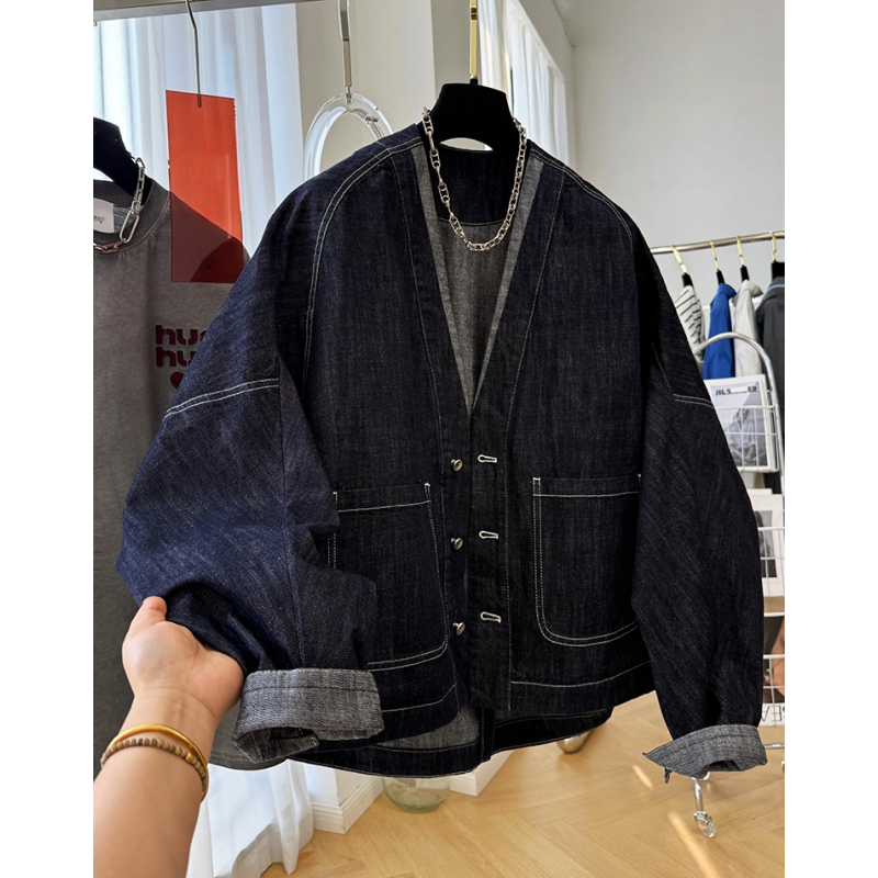 高级感日韩系初春穿搭独特漂亮V领蝙蝠袖牛仔外套女春季休闲夹克