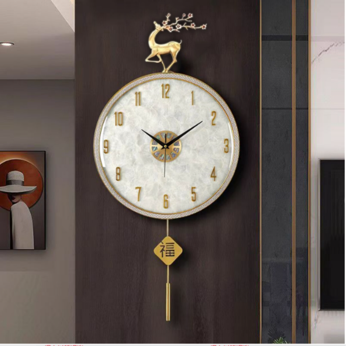 网红爆款纯手工打磨工艺黄铜珐琅彩招财鹿贝壳挂钟客厅静音挂钟