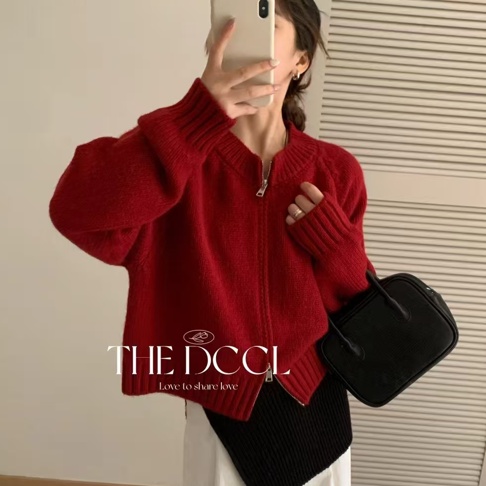 2025慵懒风毛衣外套女秋冬新款韩系简约宽松圆领拉链针织开衫上衣