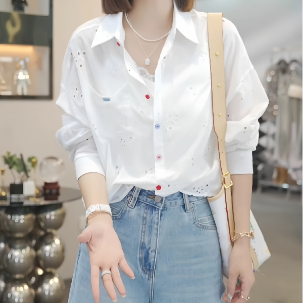 大码重工刺绣彩扣衬衫女2025春夏新款胖mm显瘦设计感翻领时尚上衣