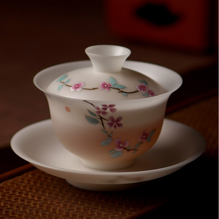 手绘白瓷桃花羊脂玉瓷冰种素烧薄胎防烫三才盖碗茶道茶具高档陶瓷