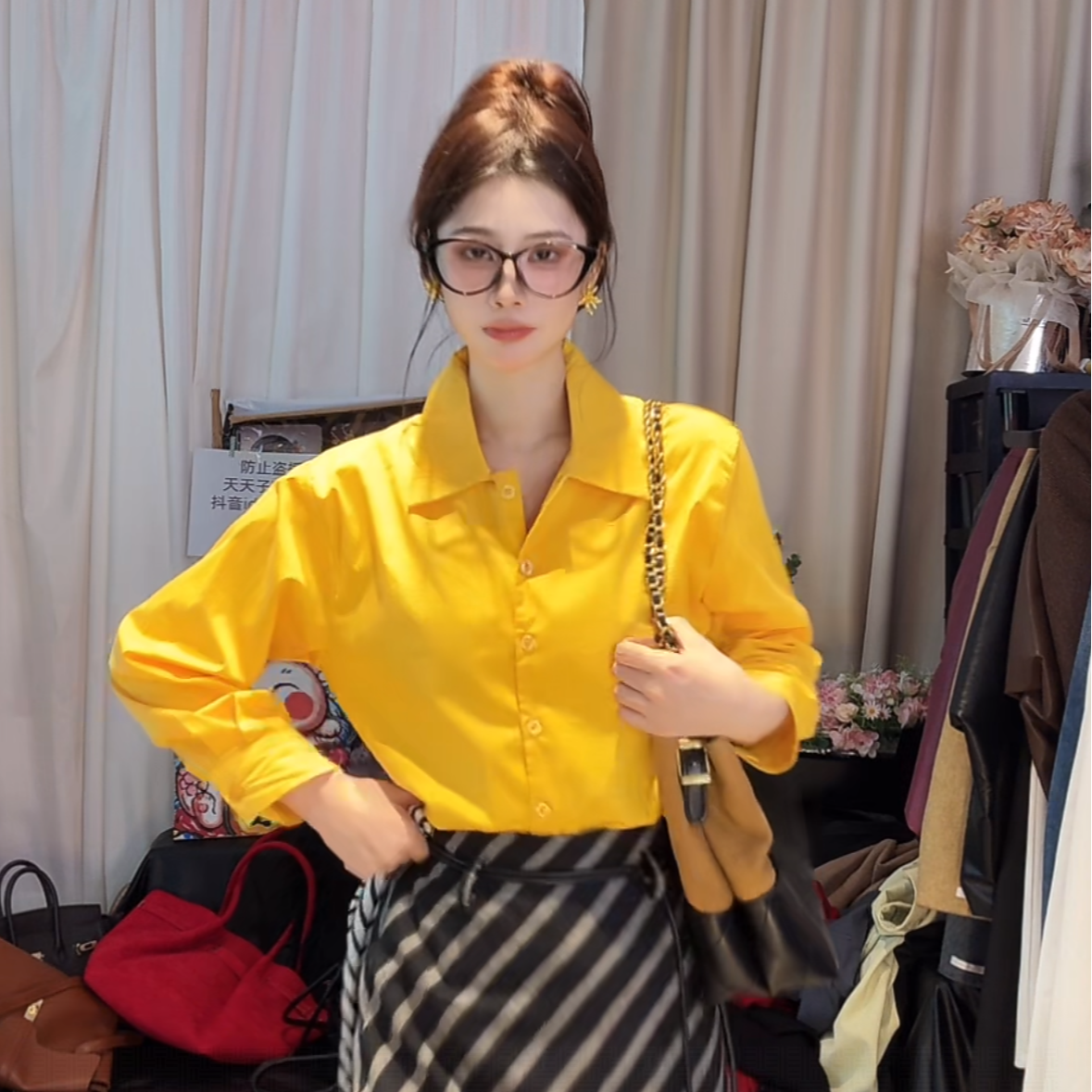 春季时尚轻奢黄色长袖衬衫女高级设计感小众早春独特绝美独特上衣