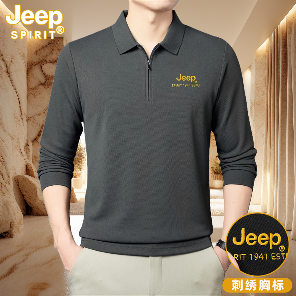JEEPSPIRIT刺绣长袖polo衫男春秋季打底时尚商务休闲精致翻领T恤