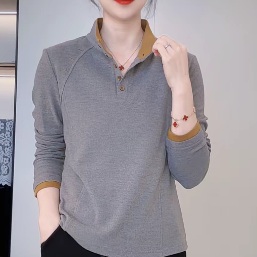 冬季新款时尚百搭宽松显瘦双面澳绒纽扣款保暖打底休闲撞色上衣女