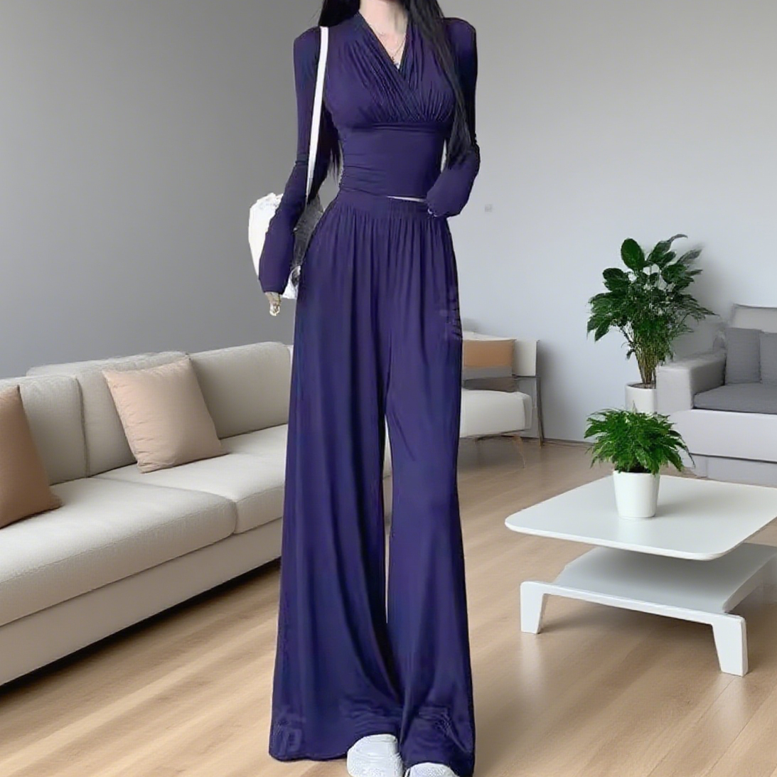 秋季新款时尚气质显瘦高腰长袖女高级感休闲裤收腰显瘦两件套