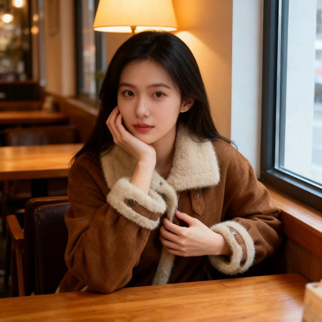 冬季单创新品短款皮毛一体外套微松紧收褶下摆复古百搭机车服上衣