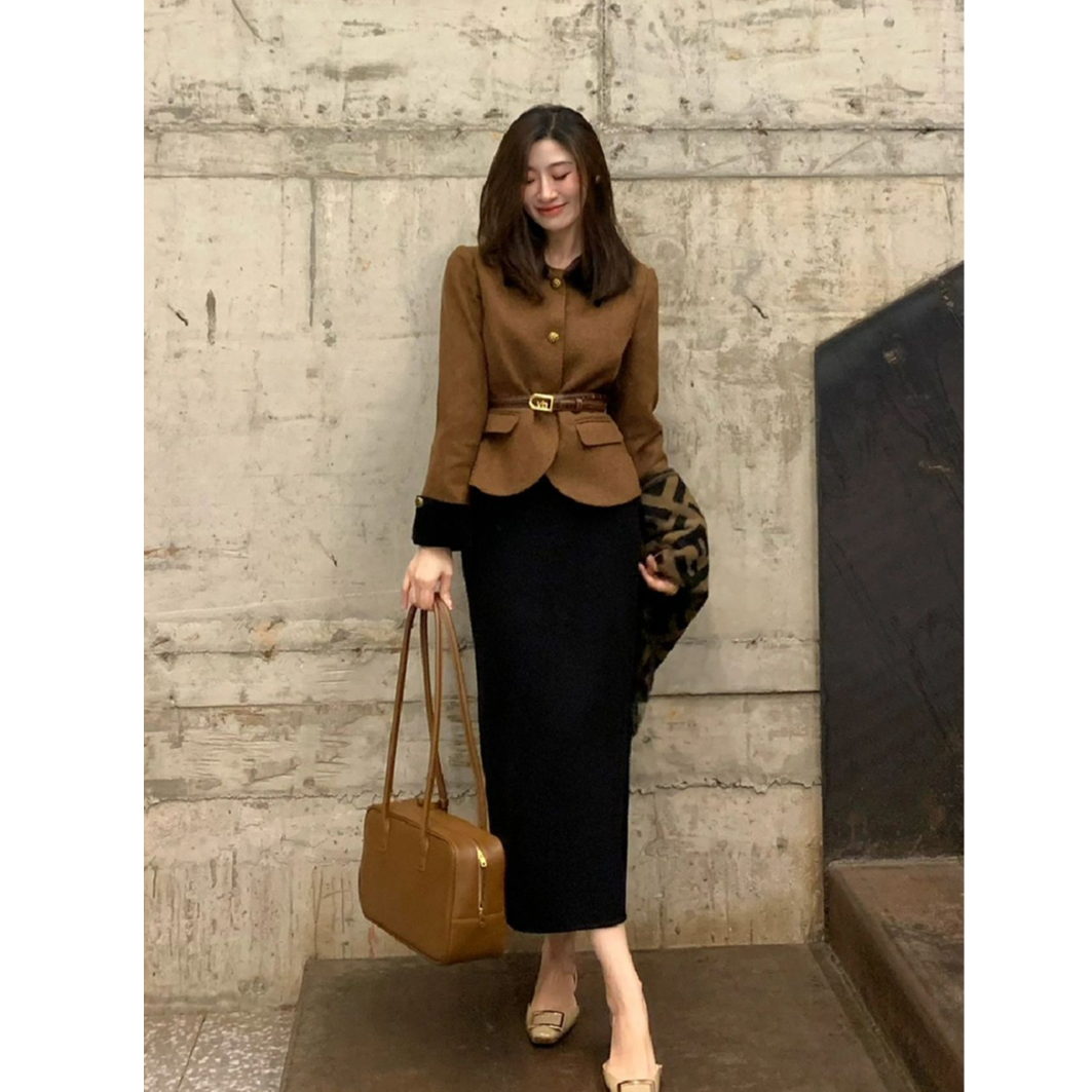 〈纪朵研〉1352套装裙咖色小香风外套半身裙高级感小洋装两件套