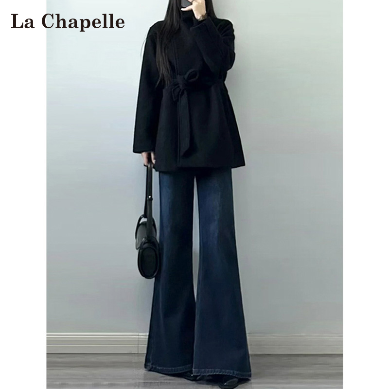 拉夏贝尔遮胯不贴腿微喇牛仔裤女秋新款高个子修身弹力高腰喇叭裤