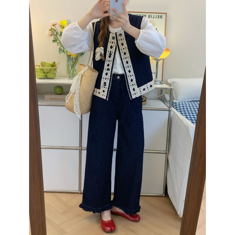 丹宁蓝牛仔裤～秋冬加绒显瘦防掉色松紧腰小个子九分直筒裤蕾丝