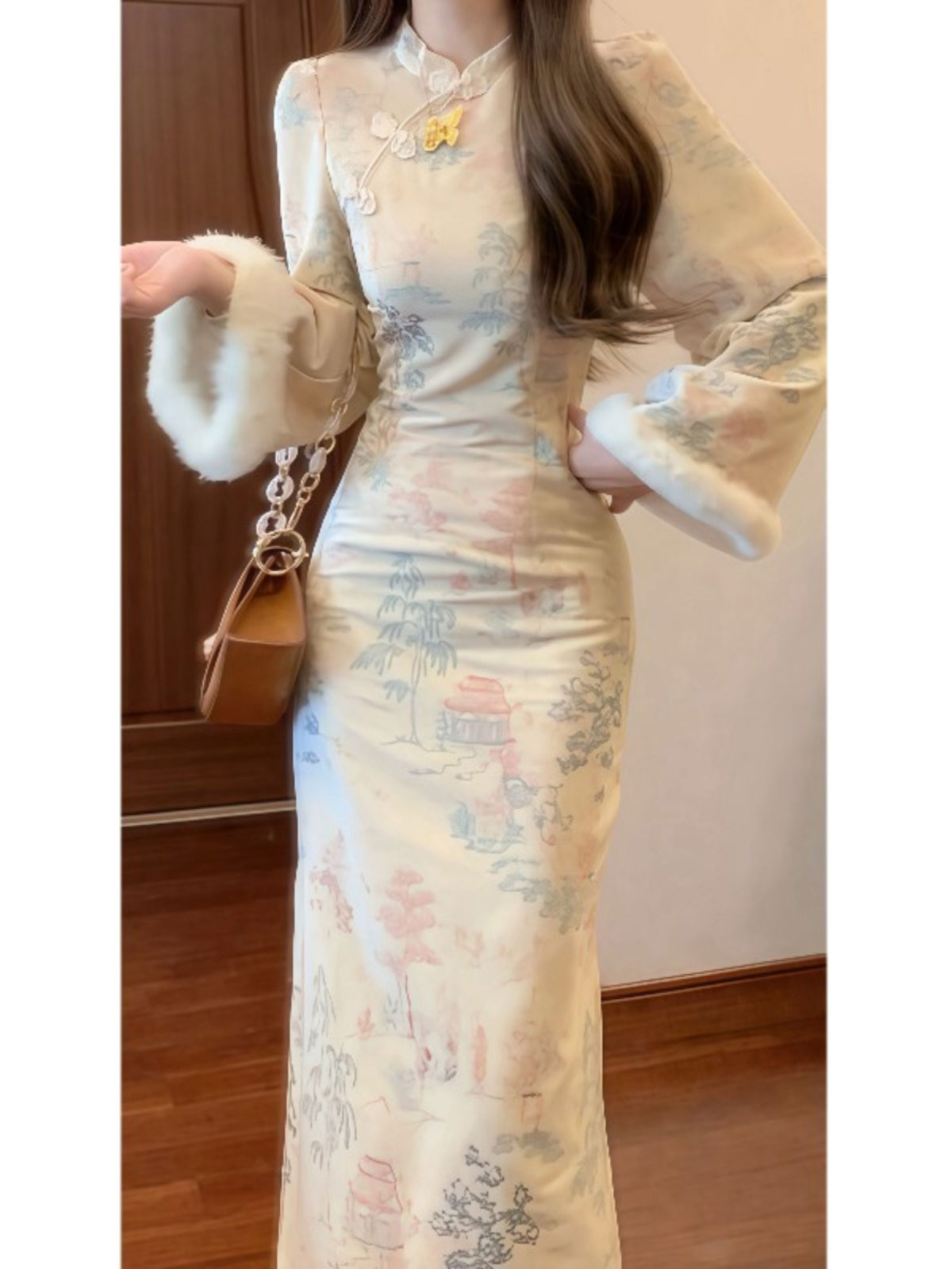 现377-3#新中式国风设计感盘扣改良旗袍加绒厚款收腰高级感连衣裙