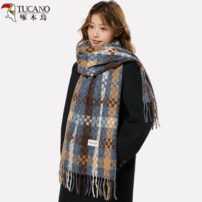 啄木鳥2025春新款复古格纹围巾女保暖流苏高级感情侣款围脖男学生
