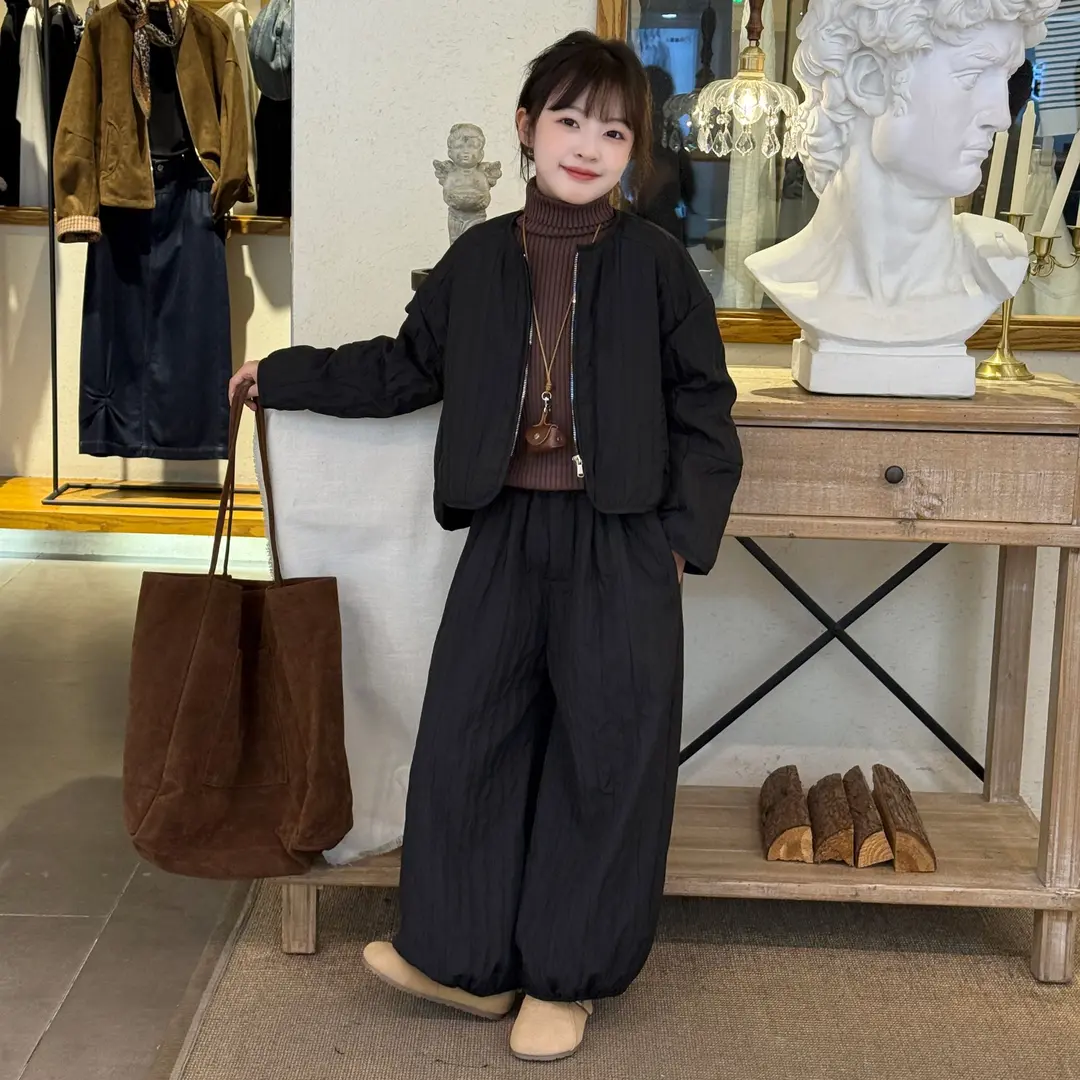 欧洲站2025冬款女童洋气百搭圆领棉服外套高腰加绒阔腿裤纯色两件