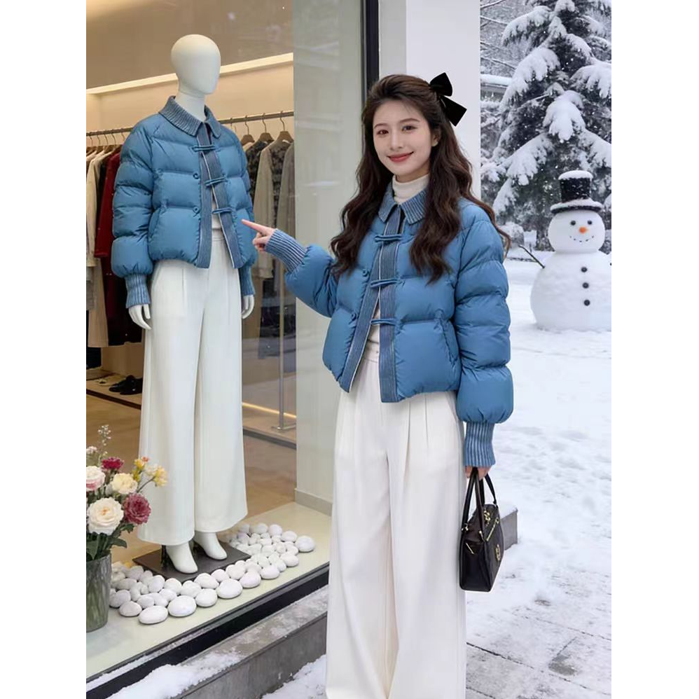 2025新款小个子巨好看的蓝色拼接棉服冬季女加厚保暖面包服外套女