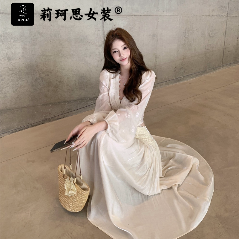 莉珂思春秋法式套装女气质长袖蕾丝雪纺衫上衣优雅拼接半身长裙子