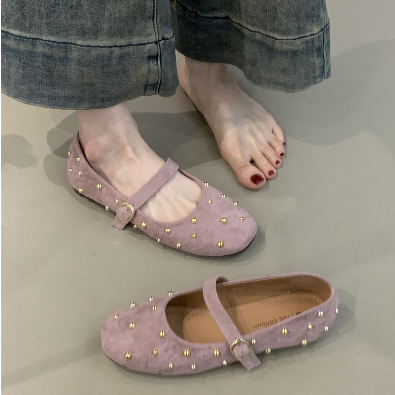 DD-626-6温柔玛丽珍鞋2025法式甜美绒面铆钉方头浅口一字扣晚晚鞋