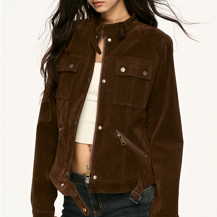 SAITPATID/锡特帕第美拉德棕色麂皮绒立领外套女秋冬复古短款机车