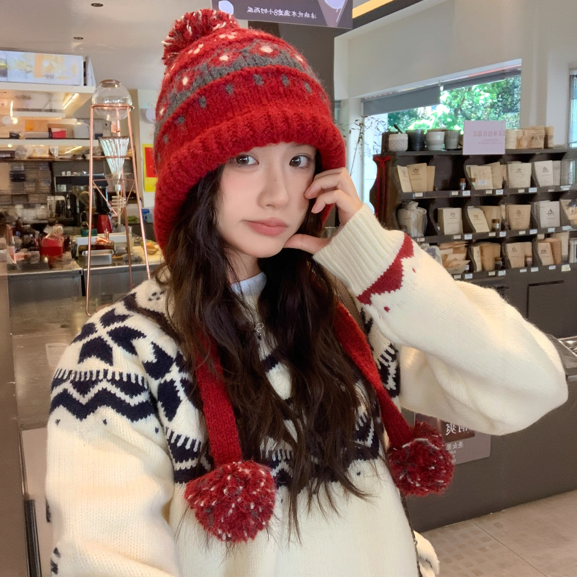 新款费尔岛风针织帽子女秋冬保暖毛线帽防寒骑车护耳帽加厚雷锋帽