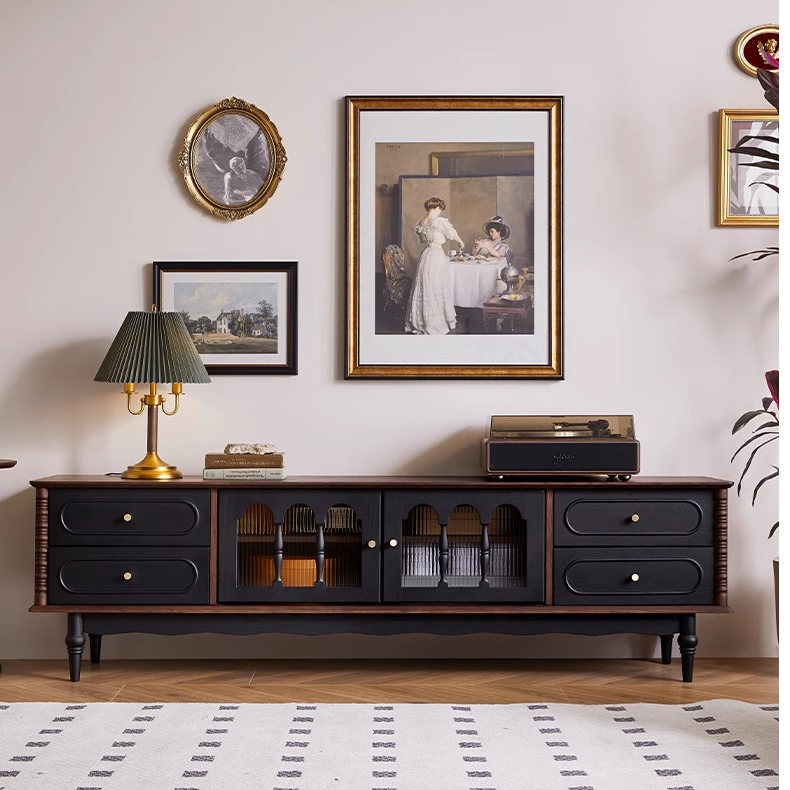 法式复古实木中古电视柜胡桃黑色美式客厅茶几电视机柜组合储物柜